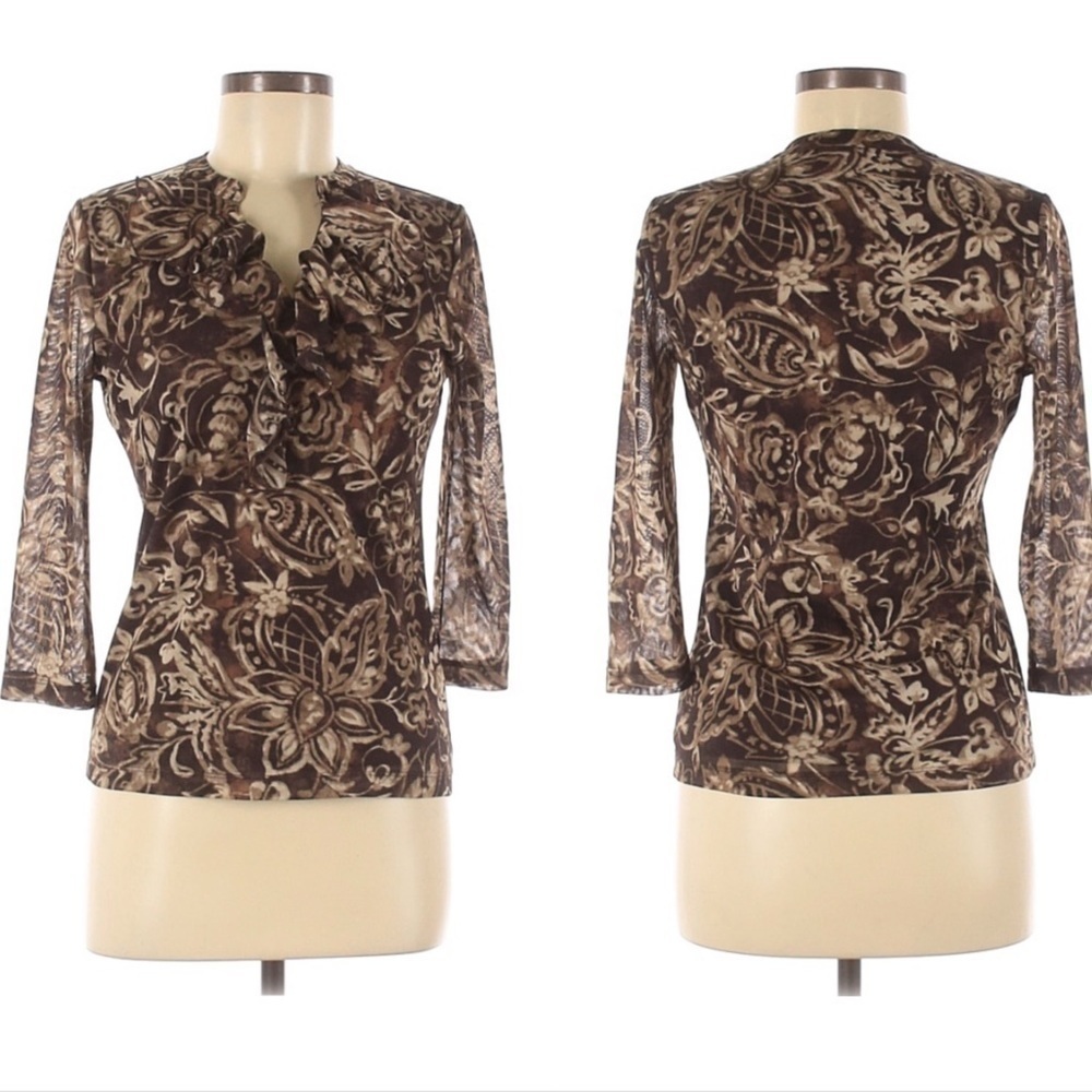 Chaps brown blouse with front ruffles. Size M